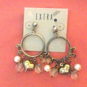 🌞 Extra New yet Vintage 80s hoop charm dangling Earrings hearts pearls crystals